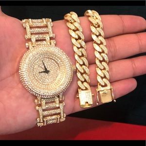 14K Gold Plated Bling Bling Watch&12mm Bracelet